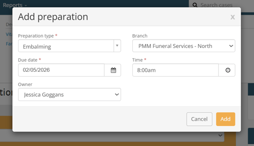 Add preparation modal
