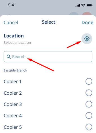 Location list showing search bar and GPS tool icon