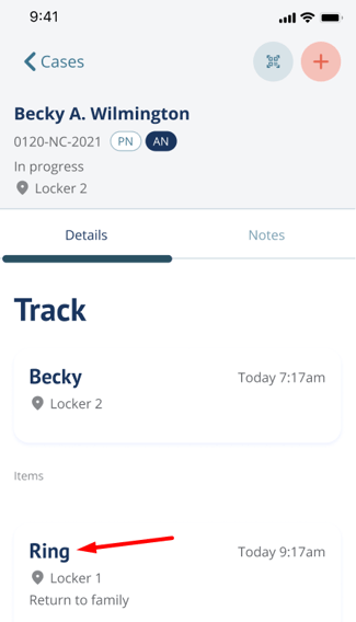 Track page showing entered decedent and item