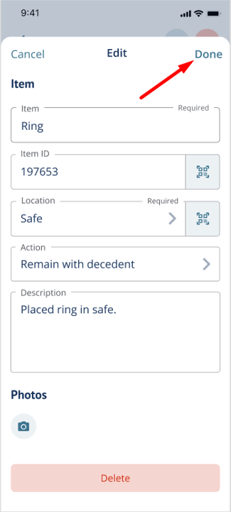 Item editing form with Done button