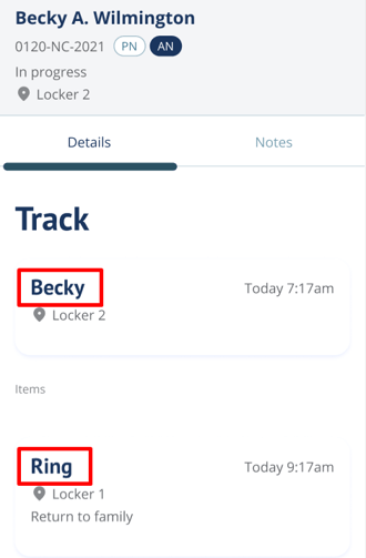 Track page showing decedent and item entry