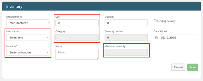 inventory autofilled fields