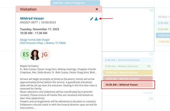 Visitation event details popover in Passare showing export icon