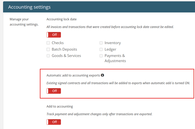 Accounting settings with Automatic add to accounting toggled off