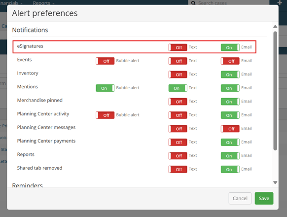 Alert preferences modal