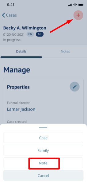 Select + icon inside a case, then select "Note"