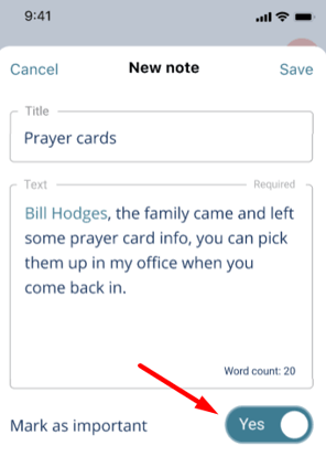 Toggle on 'Mark as important' to emphasize this note
