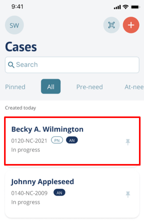 Select a case from mobile Case Listing