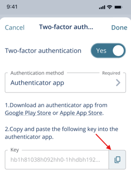 Select authenticator app and copy/paste the provided key