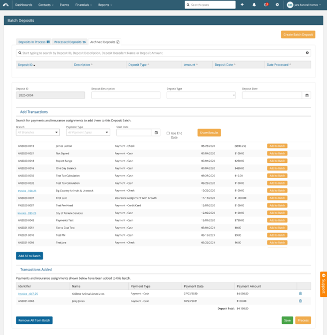 Batch Deposits screen