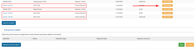 Create Batch deposit screen Add any invoice payments you'd like to include on your Batch Deposit&nbsp; >&nbsp; Save!