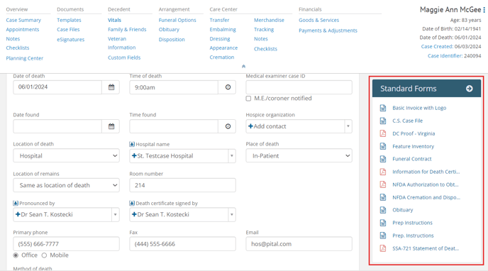 Standard forms section in case sidebar