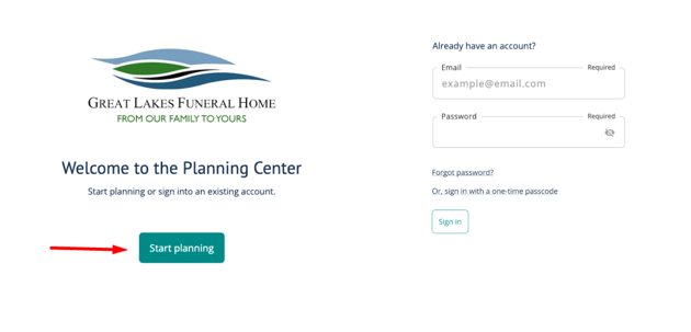 Start Planning button on Planning Center login page in Desktop
