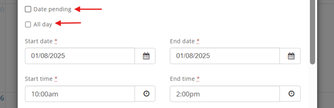 Date pending and All day event checkboxes