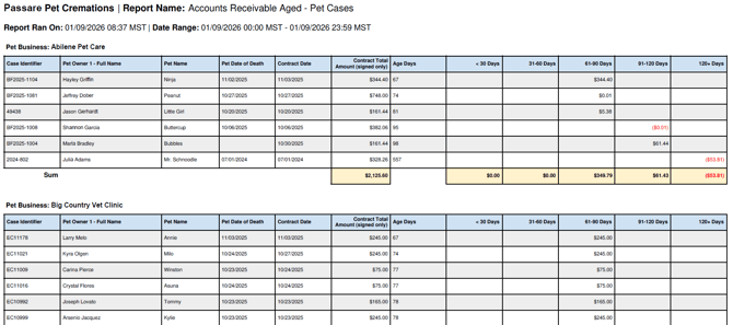 Accounts Receivable Aged - Pet Cases report in a chart format with blue headers and yellow footers