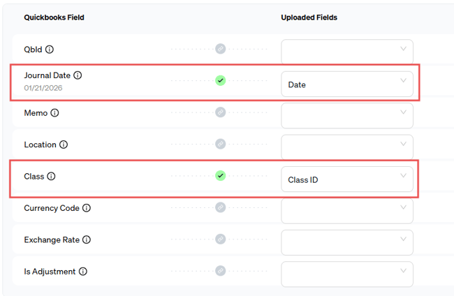 Mapping dropdowns with Journal Date and Class fields boxed