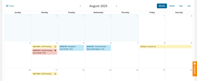 Calendar month view with events in default colors: red, blue, and yellow