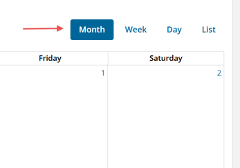 Month, Week, Day, and List view buttons with "Month" selected