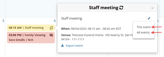 Repeating event edit options showing "This event" and "All events"