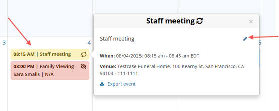 Staff event popover with event details and edit icon