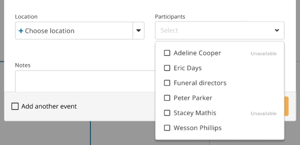 Participants dropdown showing user list and two listed as "unavailable"