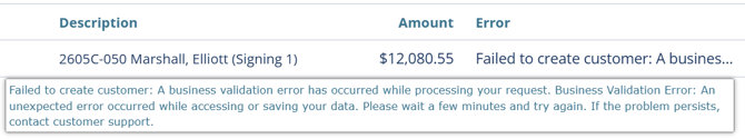 QuickBooks Online integration error that reads: Failed to create customer: A business validation error has occurred while processing your request. Business Validation Error: An unexpected error occurred while accessing or saving your data ...