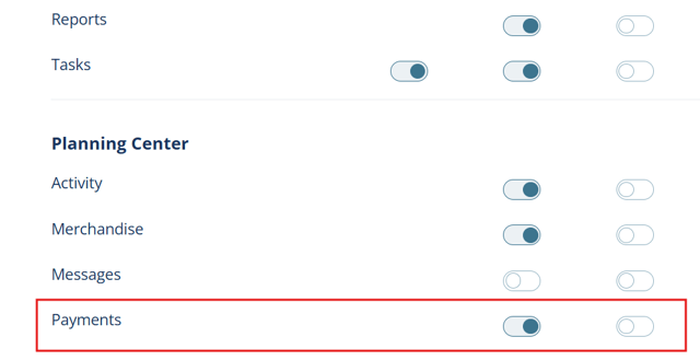Notification preferences page showing Planning Center Payments toggles