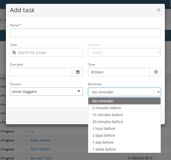 Add task modal with Reminder dropdown open