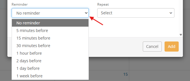 Reminder dropdown with increment options