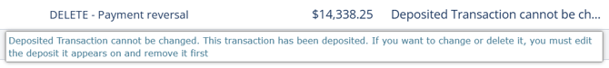QuickBooks Online integration error that reads: Deposited Transaction cannot be changed. This transaction has been deposited. If you want to change or delete it, you must edit the deposit it appears on and remove it first.