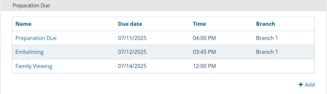 Preparation Due table showing 3 due dates in chronological order