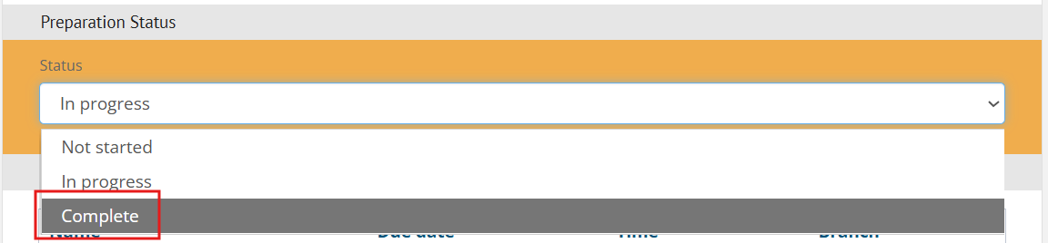 Preparation Status dropdown with Complete status selected