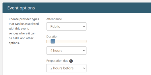 Event options section showing options for Attendance, Duration, and Preparation Due