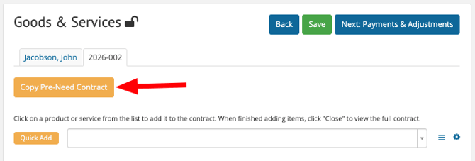 Copy preneed contracts button is being shown on the Goods & Services page