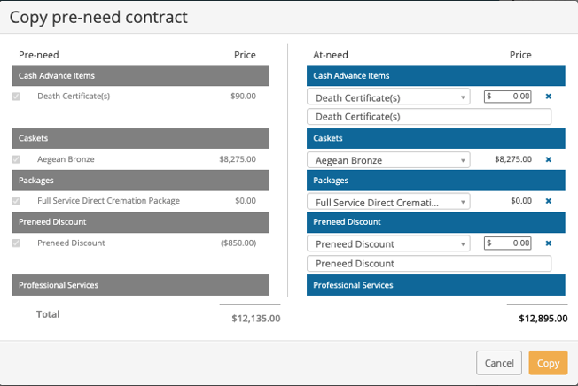 The copy preneed contract modal is shown, mapping the preneed contract to the at-need contract when the case moves to at-need