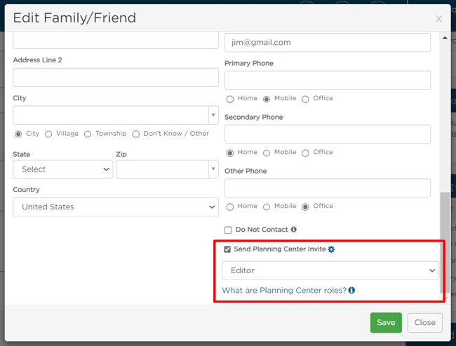select Send Planning Center invite