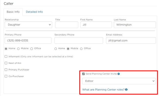 select Send Planning Center invite
