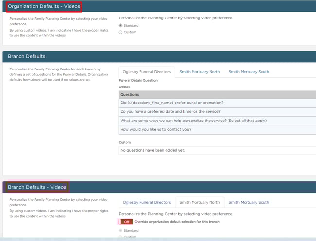 Select video preferences for the Planning Center for the organization and/or the branch.
