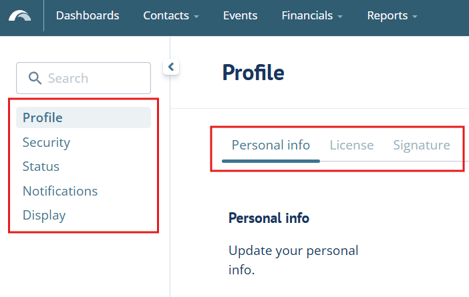 Profile menus on left sidebar and top