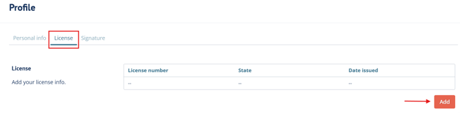 Profile > License page with arrow pointing to Add button