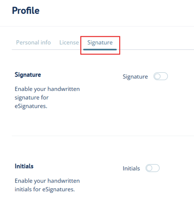 Profile > Signature page with sections labeled Signature and Initials with toggles next to each