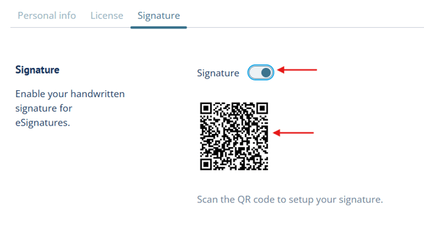 Profile > Signature page with Signature toggled on and QR code below