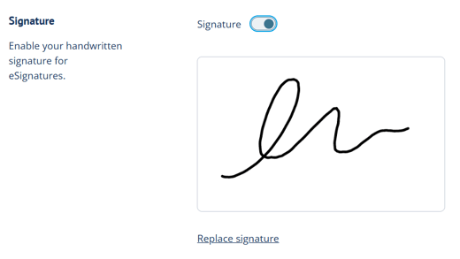 Profile > Signature page with drawn signature feature toggled on and a saved signature image