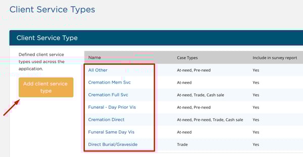 select Add client service type button or existing service type