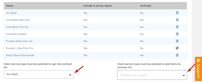Dropdowns for require client service type settings