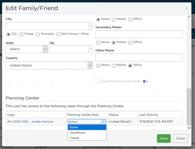 screenshot of role drop down menu for user