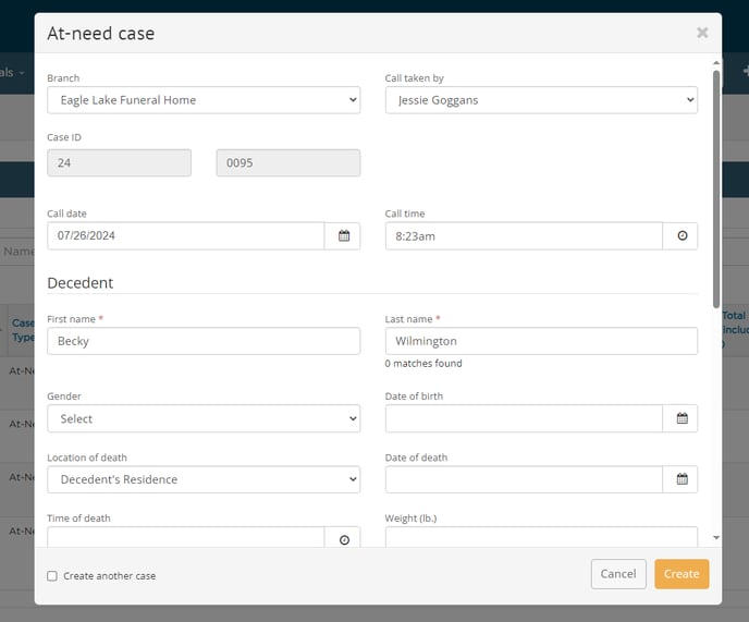 Case creation modal