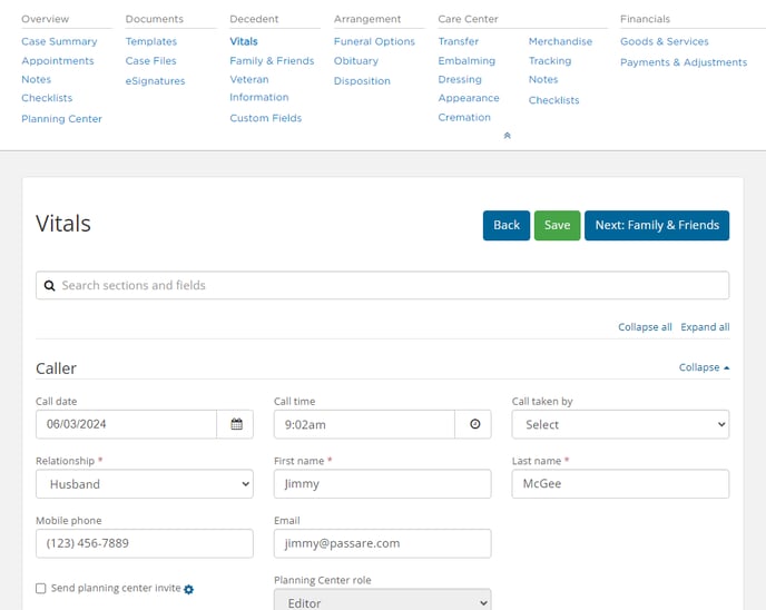 At-need case showing Vitals page
