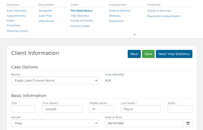 Pre-need case showing Pre-need Basics page