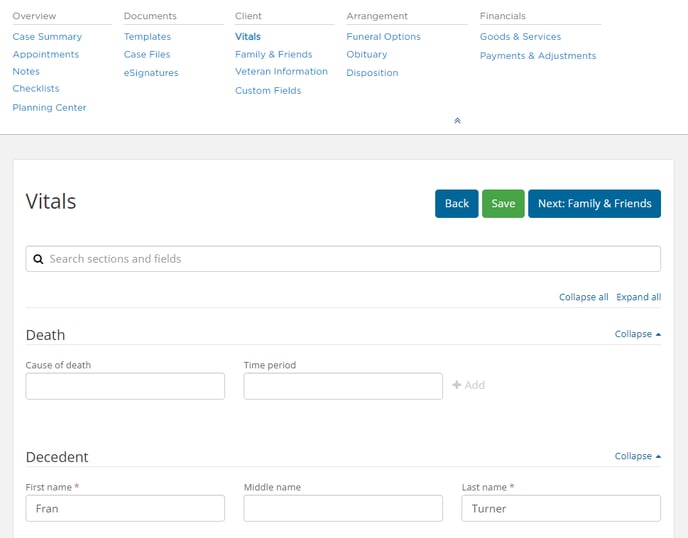 Imminent-need case showing Vitals page